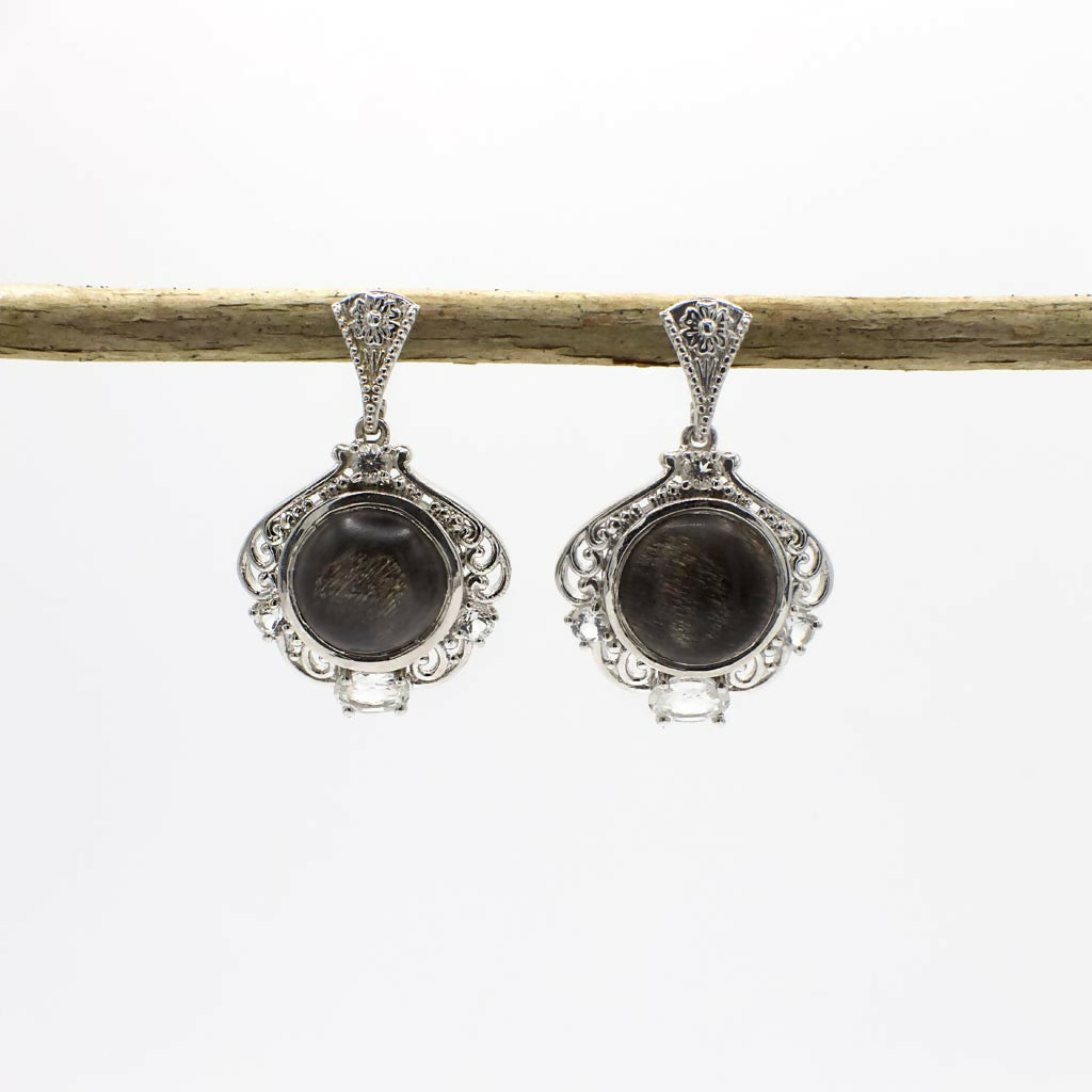 Vintage Simulated Black Feldspar and Genuine White Topaz Sterling Silver Earrings