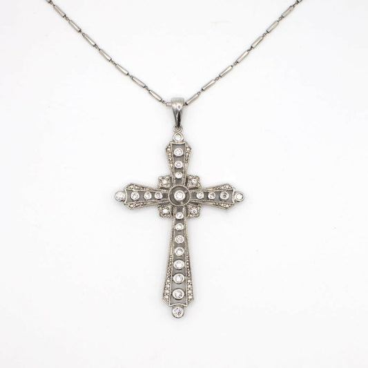 Vintage Sterling Silver Filigree and Simulated Diamond Cross Pendant Necklace