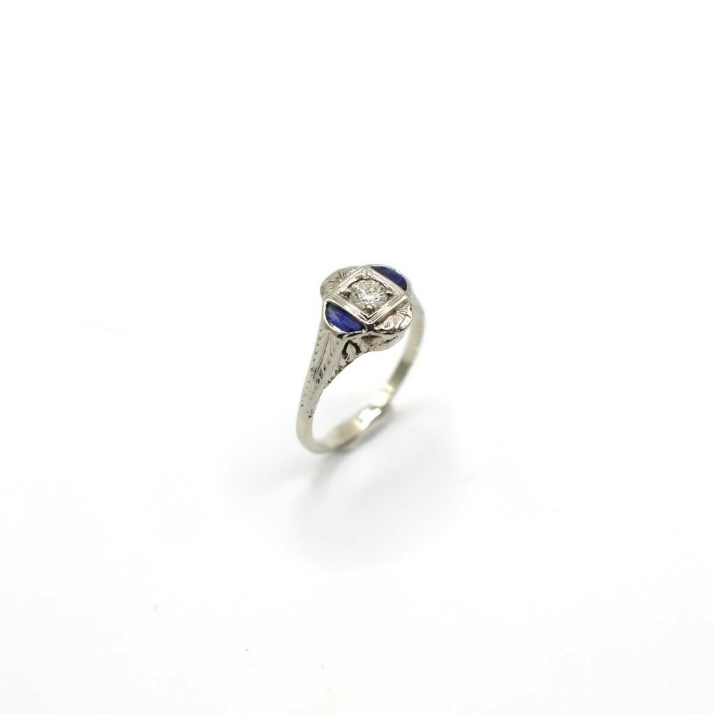 Antique Art Deco Genuine Diamond and Sapphire Ring In 14K White Gold