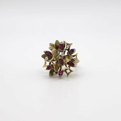 Vintage Genuine Diamond And Ruby Mid-Century Statement Ring In 14K Yellow Gold