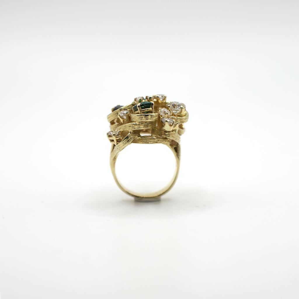 Rare Vintage Genuine Diamond, Sapphire, and Emerald Statement Ring In 14K Yellow Gold