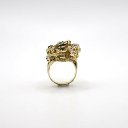 Rare Vintage Genuine Diamond, Sapphire, and Emerald Statement Ring In 14K Yellow Gold