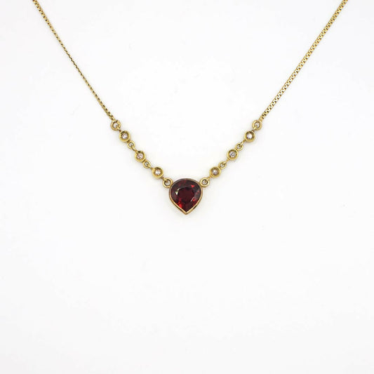 Vintage Italian Genuine Diamond and Pear Cut Garnet Necklace In 18K Yellow Gold