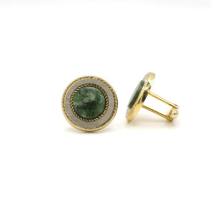 Vintage Gold and Silver Tone Genuine Nephrite Cuff Links