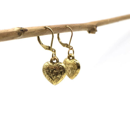 Vintage Gold Tone Floral Puffed Heart Earrings