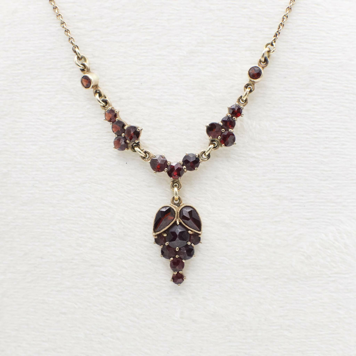 Circa 1930 Vintage "Germany" Signed Garnet Necklace and Earring Set in 10K Solid Yellow Gold