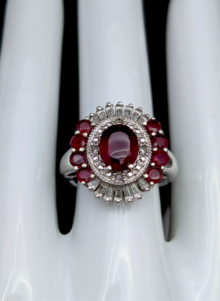 Vintage Art Deco Inspired Earth Mined Genuine Ruby and White Topaz Halo Rhodium over Sterling Silver Ring