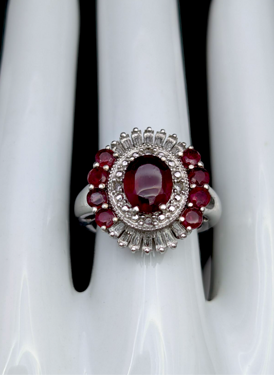 Vintage Art Deco Inspired Earth Mined Genuine Ruby and White Topaz Halo Rhodium over Sterling Silver Ring