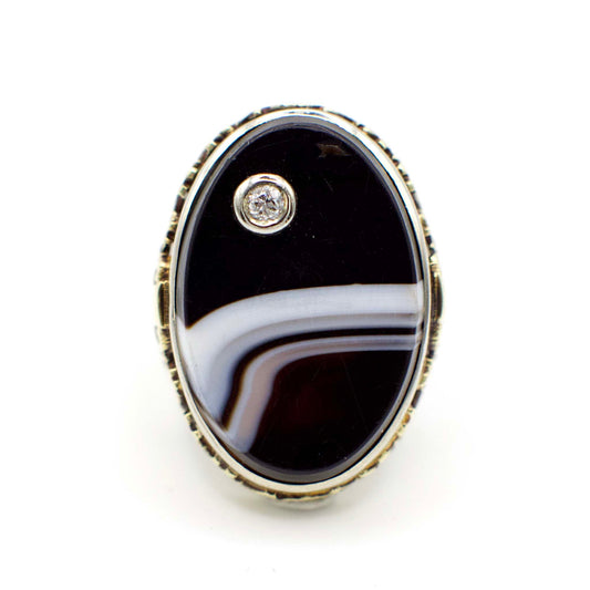 Art Deco Diamond and Banded Agate Filigree Statement Ring In 14K Yellow Gold