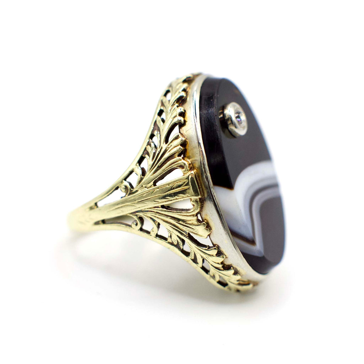 Art Deco Diamond and Banded Agate Filigree Statement Ring In 14K Yellow Gold