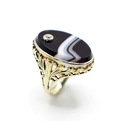 Art Deco Diamond and Banded Agate Filigree Statement Ring In 14K Yellow Gold