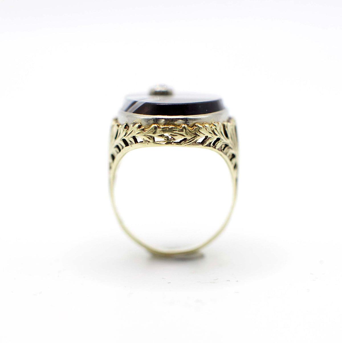 Art Deco Diamond and Banded Agate Filigree Statement Ring In 14K Yellow Gold