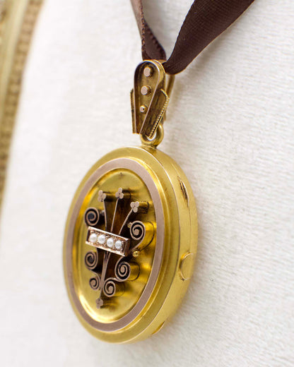 Victorian Locket With Seed Pearls In 12K Yellow Gold
