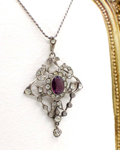 Antique Amethyst Paste Stone Art Nouveau Pendant In 800 Silver