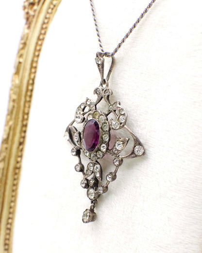 Antique Amethyst Paste Stone Art Nouveau Pendant In 800 Silver