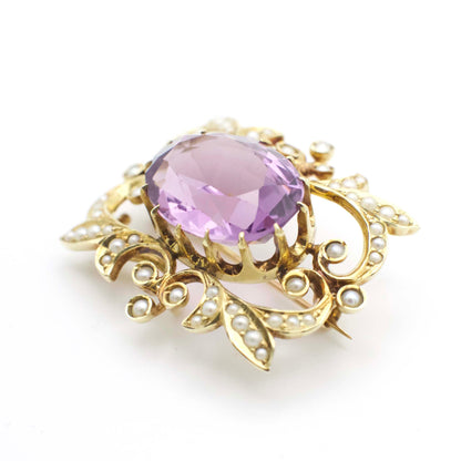 Antique 9.40 Carat Amethyst and Seed Pearl Art Nouveau Watch Pin/Brooch  In 14K Yellow Gold