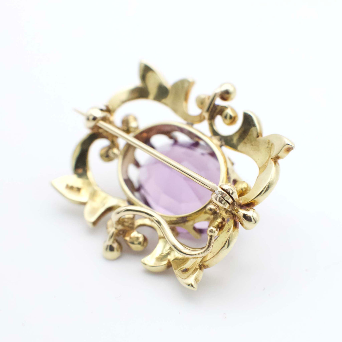 Antique 9.40 Carat Amethyst and Seed Pearl Art Nouveau Watch Pin/Brooch  In 14K Yellow Gold