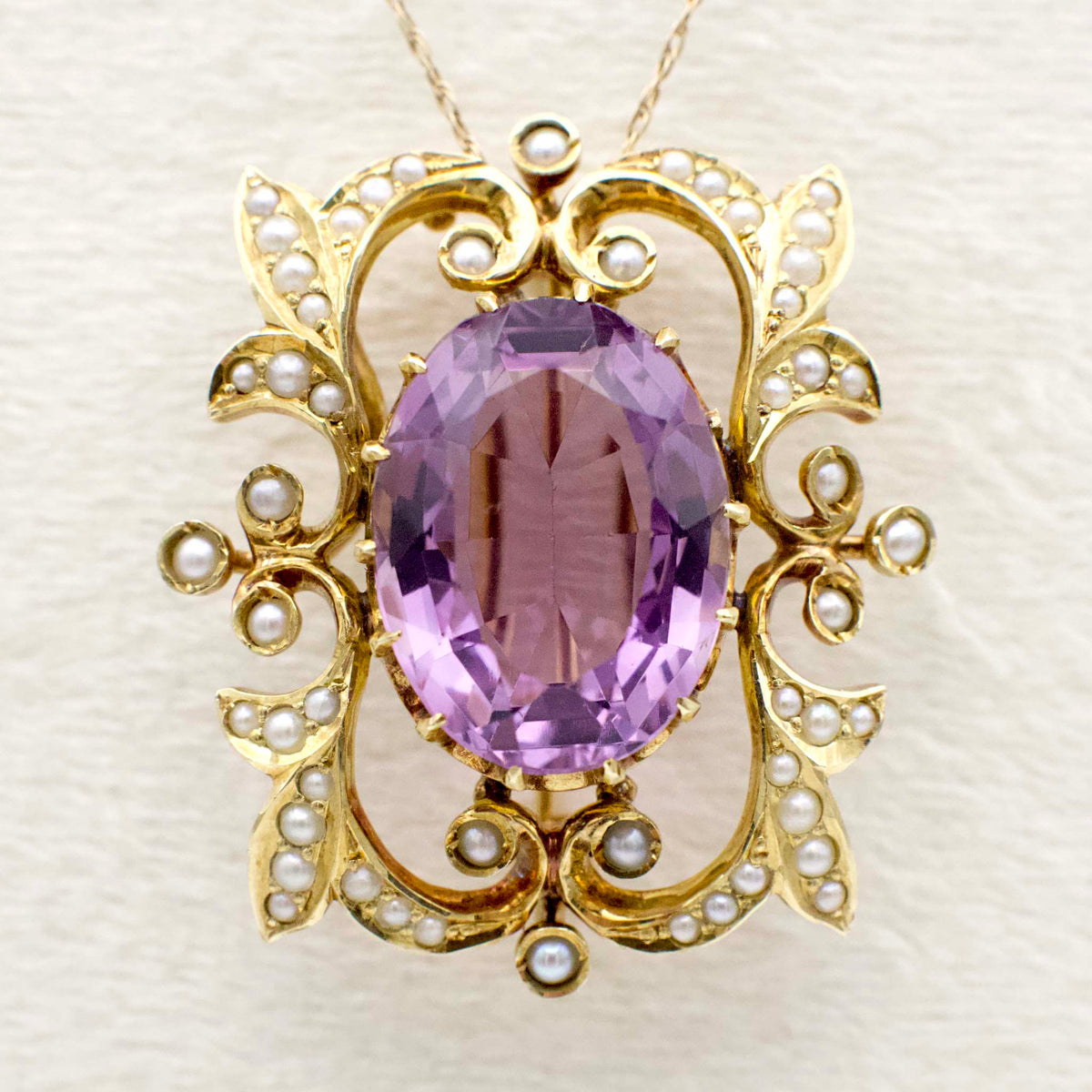 Antique 9.40 Carat Amethyst and Seed Pearl Art Nouveau Watch Pin/Brooch  In 14K Yellow Gold