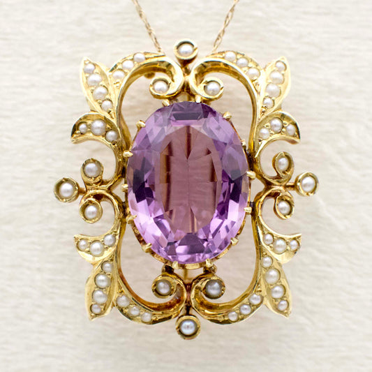 Antique 9.40 Carat Amethyst and Seed Pearl Art Nouveau Watch Pin/Brooch  In 14K Yellow Gold
