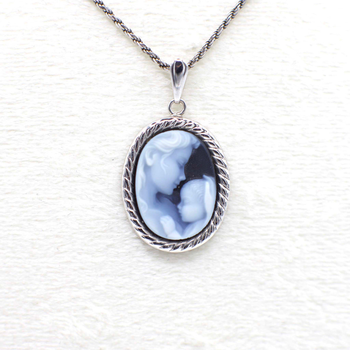 “Heaven’s Gift” Vintage Italian Carved Genuine Blue Agate Cameo Pendant in 14K White Gold