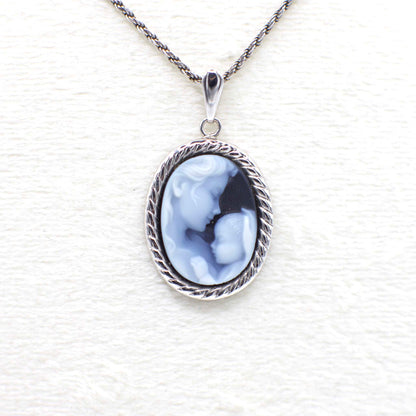 “Heaven’s Gift” Vintage Italian Carved Genuine Blue Agate Cameo Pendant in 14K White Gold