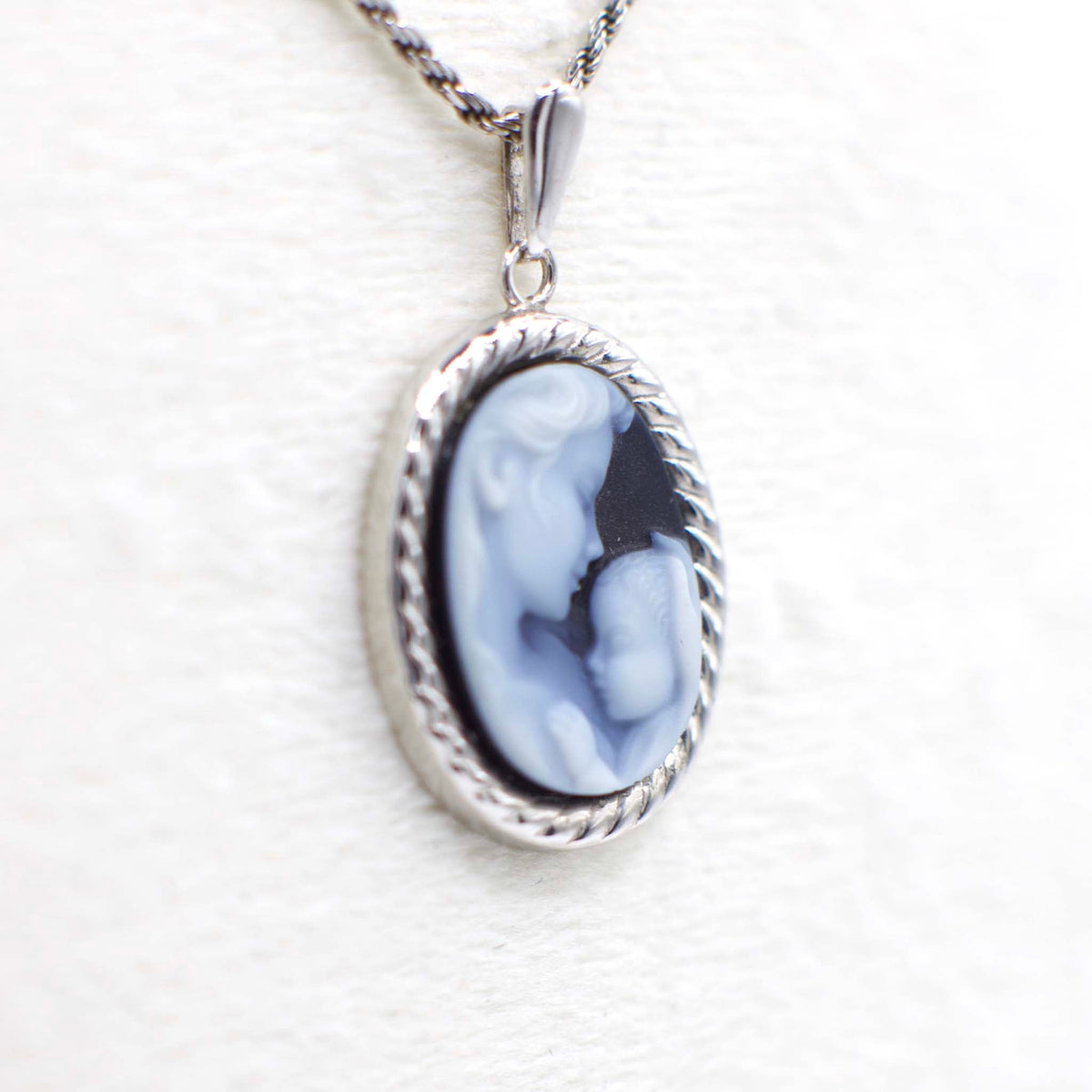 “Heaven’s Gift” Vintage Italian Carved Genuine Blue Agate Cameo Pendant in 14K White Gold