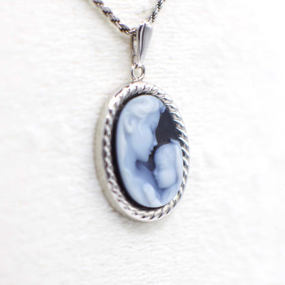 “Heaven’s Gift” Vintage Italian Carved Genuine Blue Agate Cameo Pendant in 14K White Gold