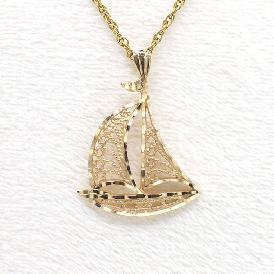 Vintage 14K Solid Yellow Gold Filigree Sailboat Pendant