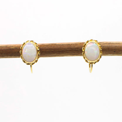 Vintage Oval Opal Screw-Back Earrings in 14K Solid Yellow Gold