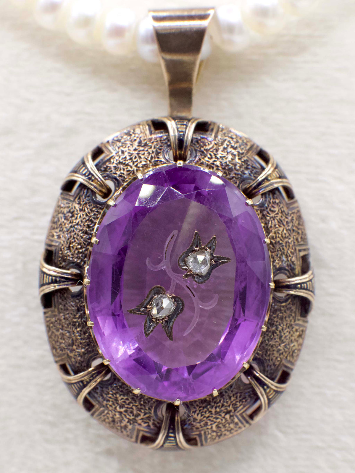 Antique Victorian Amethyst and Diamond Rose of Sharon Pendant In 14K Yellow Gold and Enamel