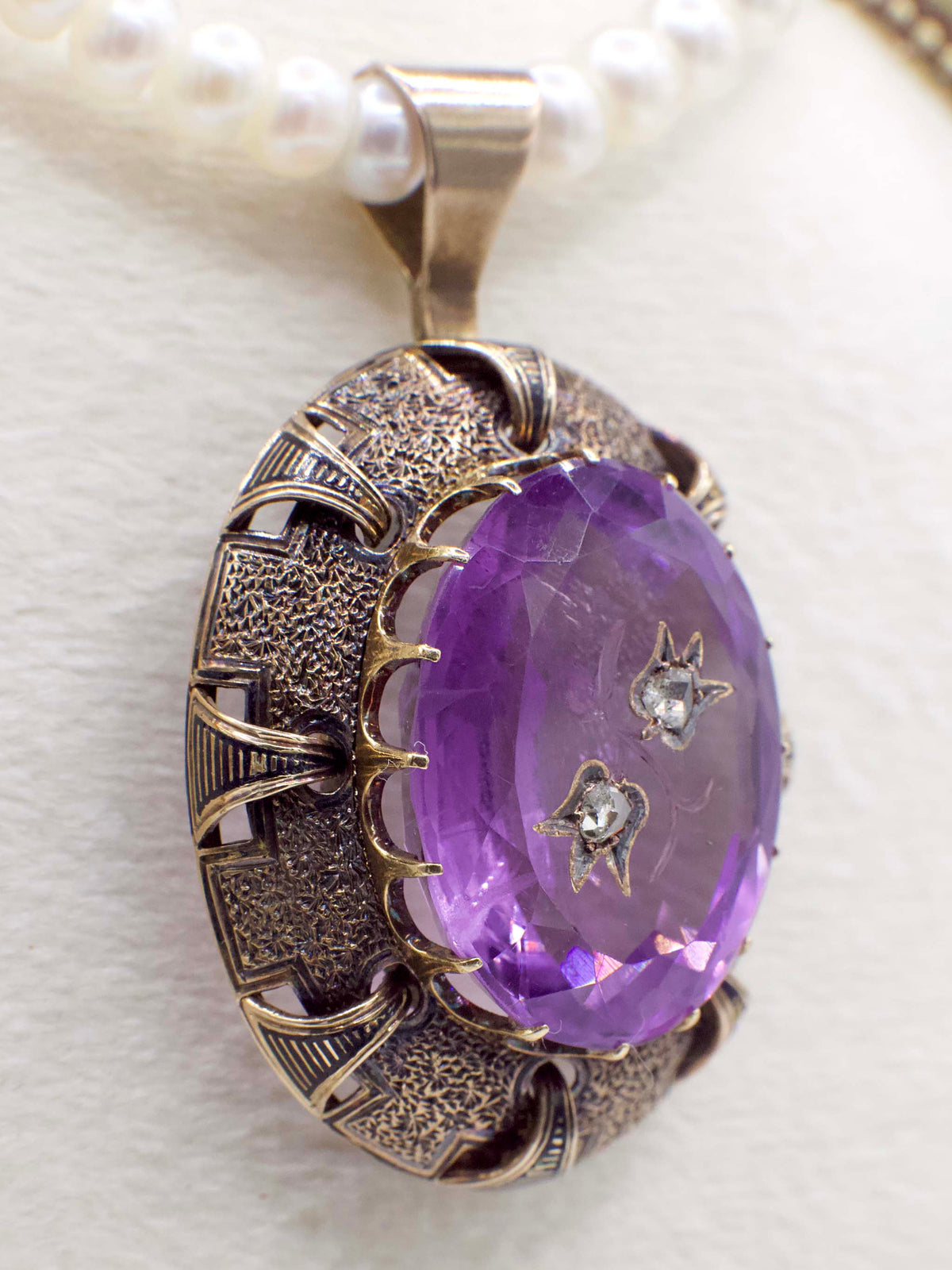 Antique Victorian Amethyst and Diamond Rose of Sharon Pendant In 14K Yellow Gold and Enamel