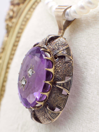 Antique Victorian Amethyst and Diamond Rose of Sharon Pendant In 14K Yellow Gold and Enamel