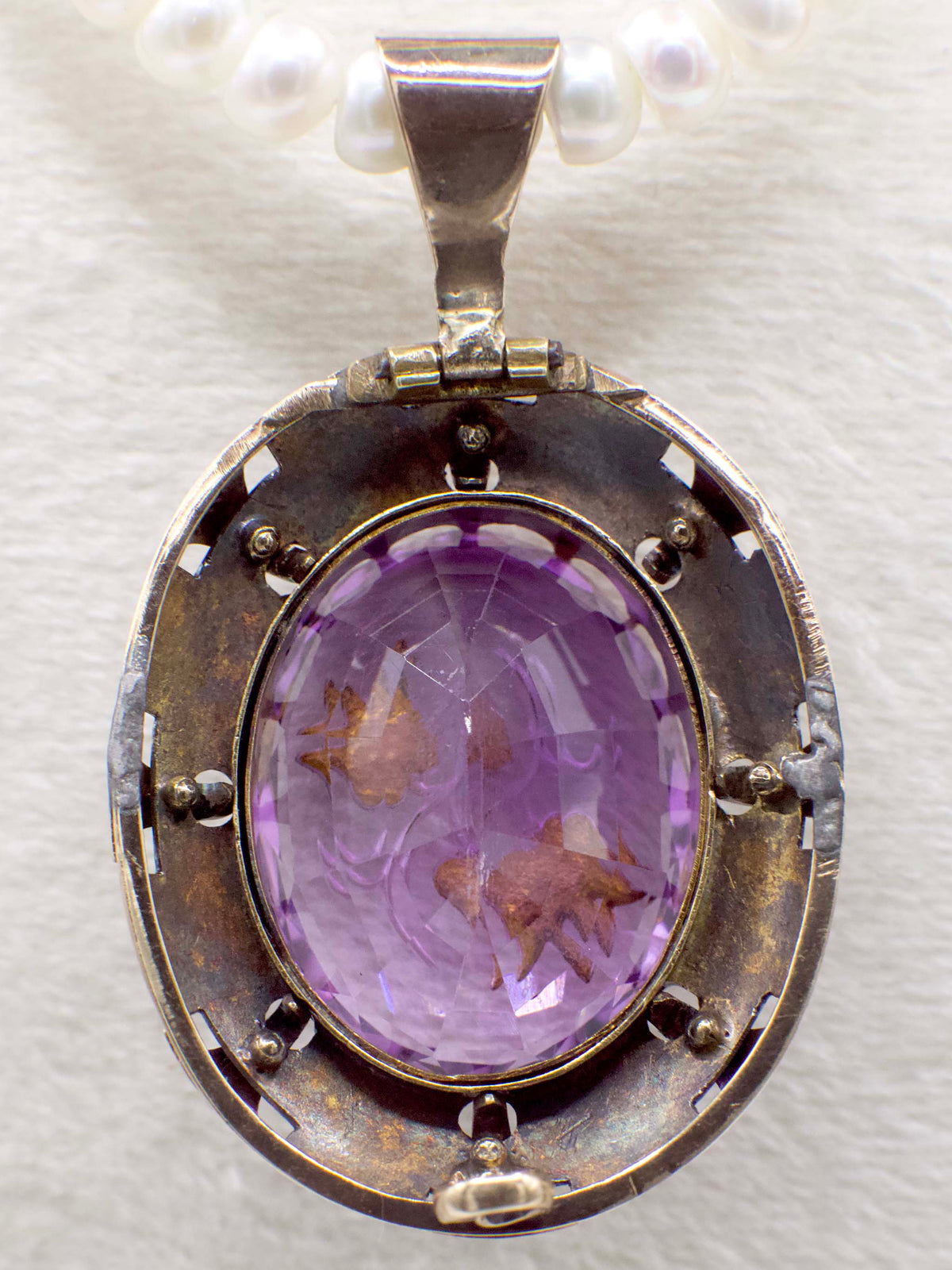 Antique Victorian Amethyst and Diamond Rose of Sharon Pendant In 14K Yellow Gold and Enamel