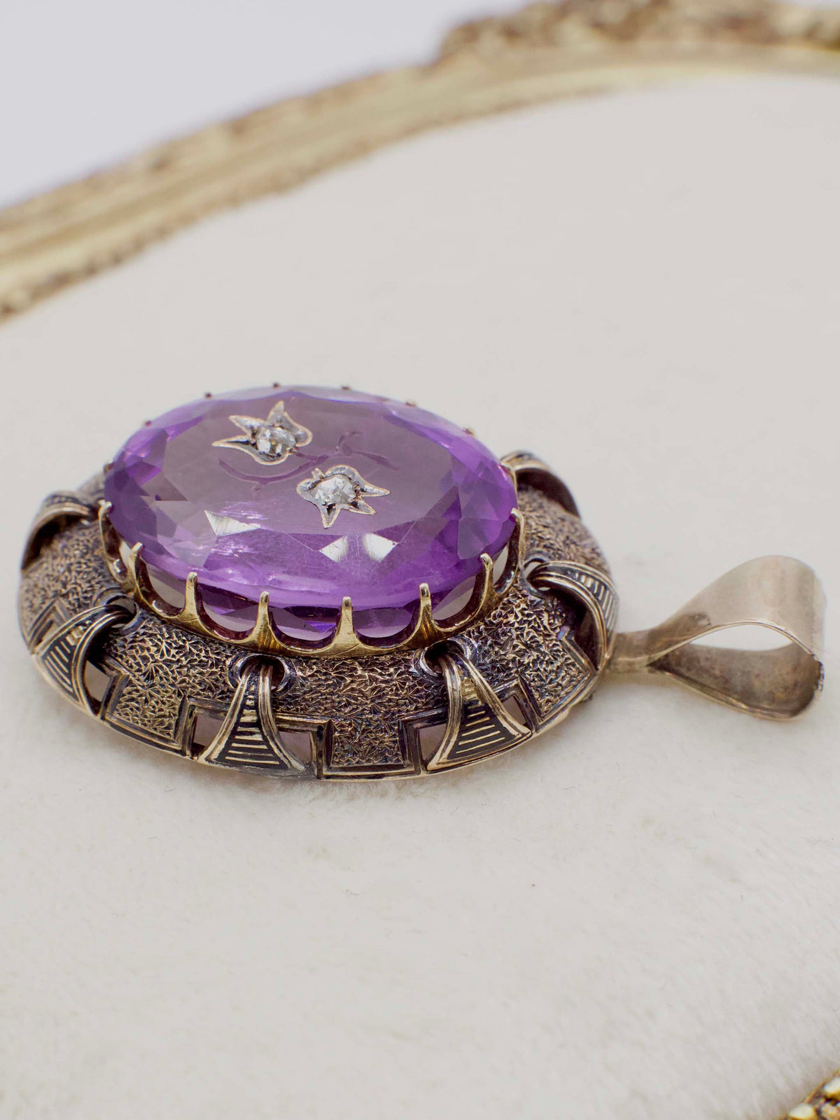 Antique Victorian Amethyst and Diamond Rose of Sharon Pendant In 14K Yellow Gold and Enamel