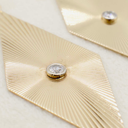 Circa 1970 14K Yellow Gold Fluted Ray Rhombus Earrings With Bezel Set Diamond Accents