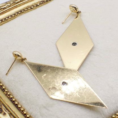 Circa 1970 14K Yellow Gold Fluted Ray Rhombus Earrings With Bezel Set Diamond Accents
