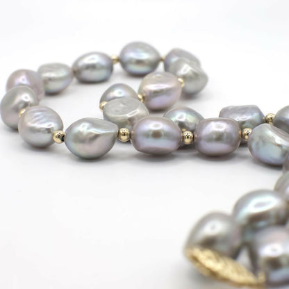 Vintage 14K Gold and Genuine Grey Baroque Pearl Necklace