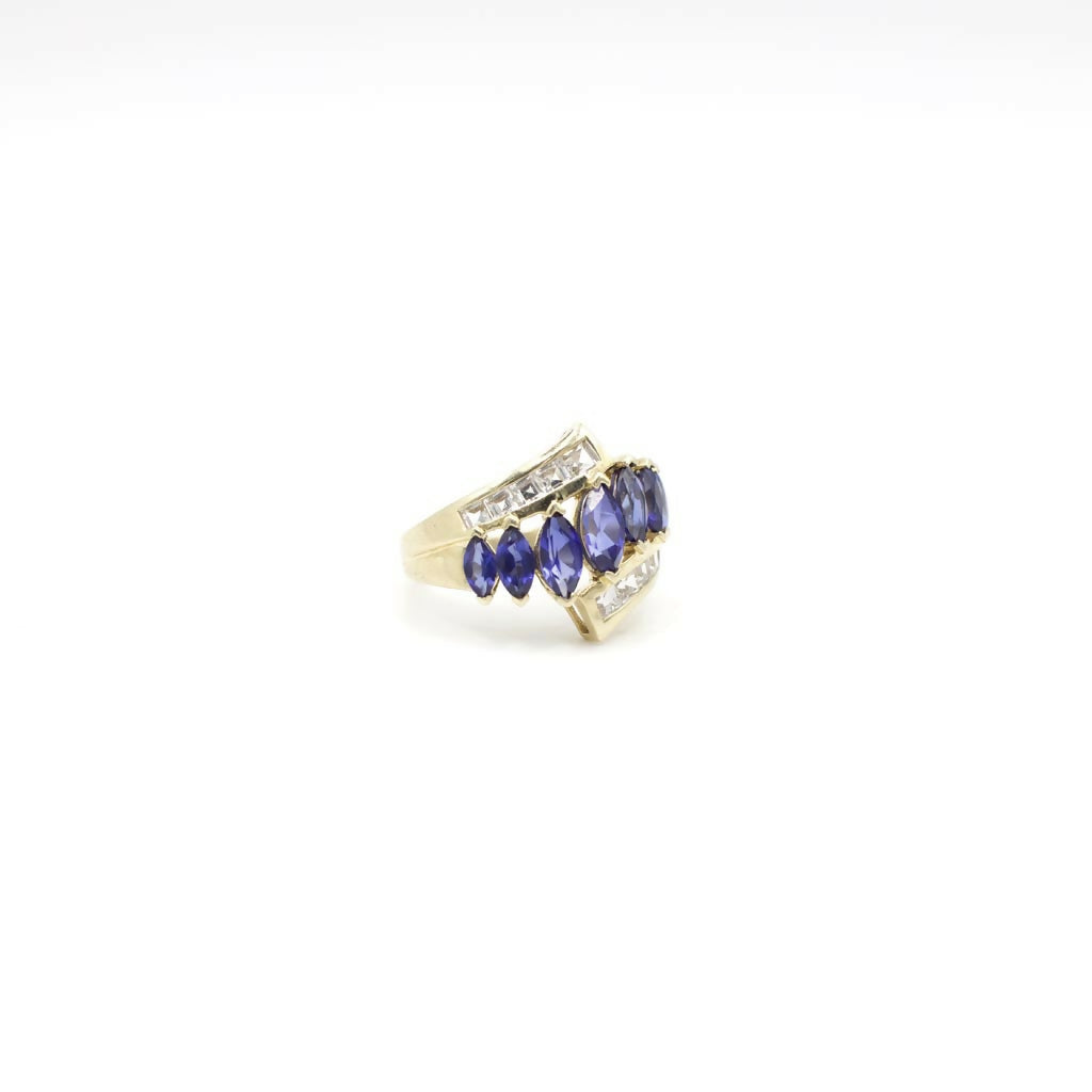 Vintage Samuel Aaron Designer Statement Ring With Genuine Blue and White Sapphire in 10K Yellow Gold