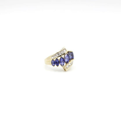 Vintage Samuel Aaron Designer Statement Ring With Genuine Blue and White Sapphire in 10K Yellow Gold
