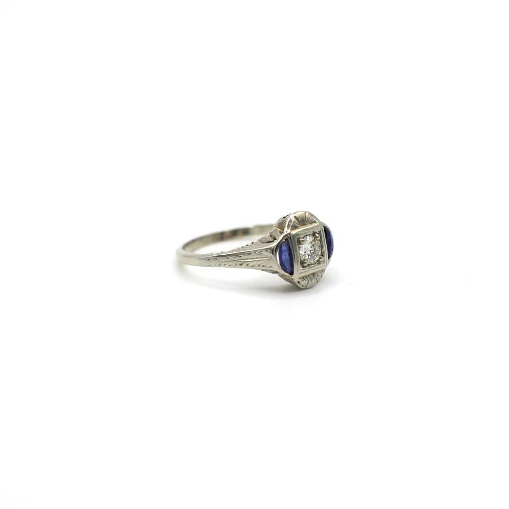 Antique Art Deco Genuine Diamond and Sapphire Ring In 14K White Gold