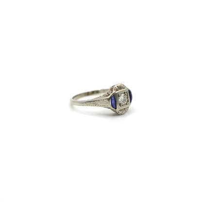 Antique Art Deco Genuine Diamond and Sapphire Ring In 14K White Gold