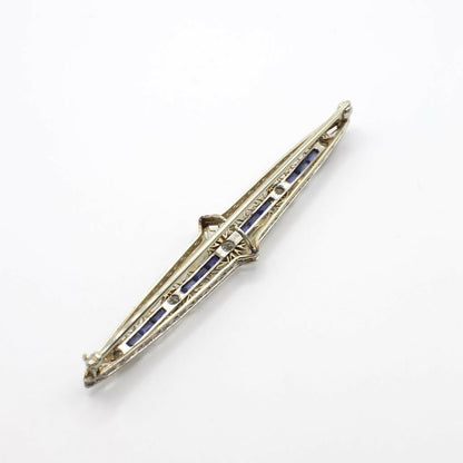Circa 1920-1930s Edwardian Style Genuine Diamond and Sapphire Filigree Bar Pin in 14K White Gold