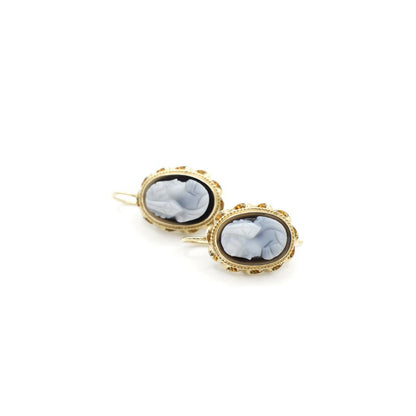 Vintage Genuine Onyx and 14K Yellow Gold Cameo Earrings
