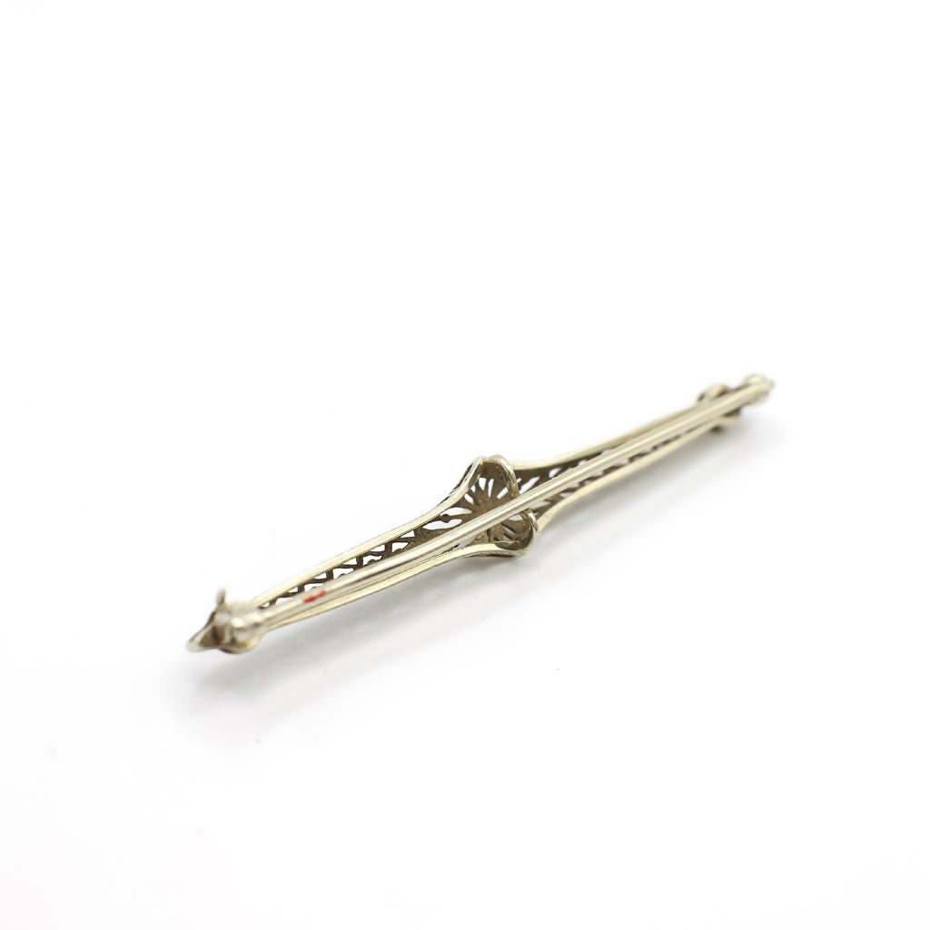 Antique Art Deco Platinum Over 14K White Gold Filigree and Genuine Button Pearl Bar Pin