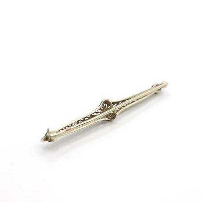 Antique Art Deco Platinum Over 14K White Gold Filigree and Genuine Button Pearl Bar Pin
