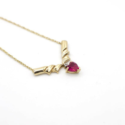 Vintage Genuine Pink Sapphire and 10K Yellow Gold Accented V Necklace