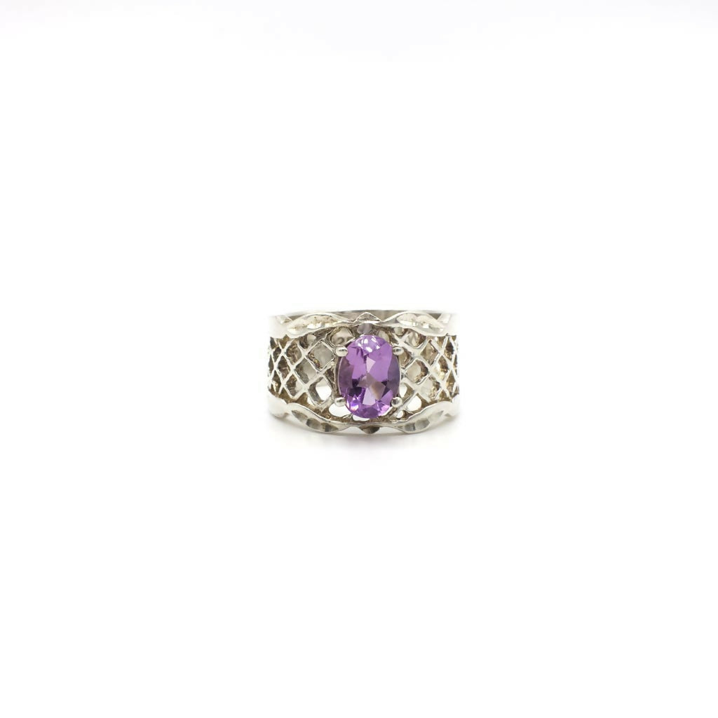 Vintage Genuine Amethyst and Sterling Silver Filigree Ring