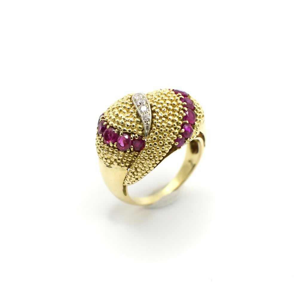 Vintage Italian Genuine Diamond and Ruby Cocktail Ring In 18K Yellow Gold