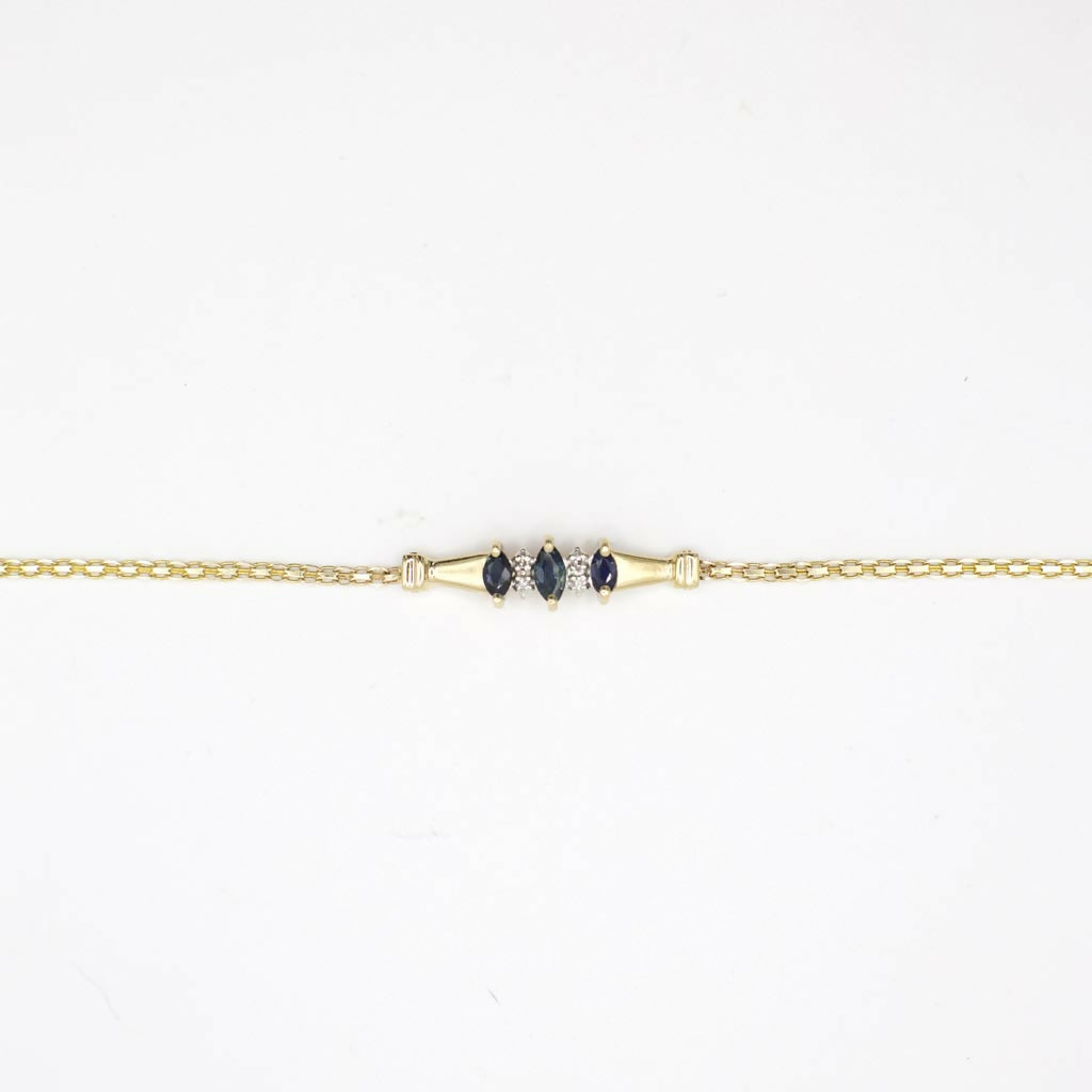 Vintage Genuine Diamond and Sapphire Bismark Chain Bracelet In 14K Yellow Gold