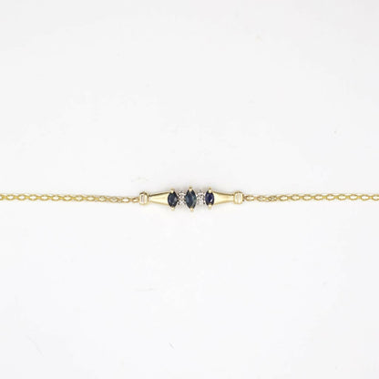 Vintage Genuine Diamond and Sapphire Bismark Chain Bracelet In 14K Yellow Gold